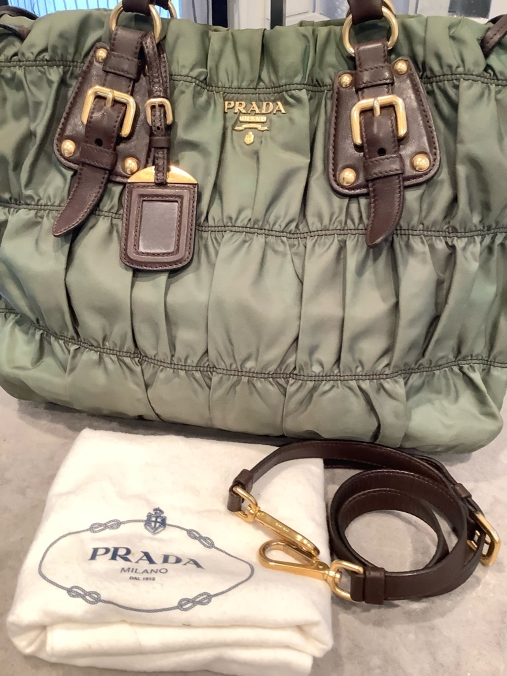 Prada Gaufre Olive Green Nylon Tote w/ Brown Leather Trim. PreLoved w/ sling - Picture 2 of 15